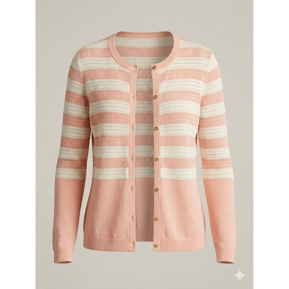 Calvin Klein Soft Pink White Lightweight Cotton Cardigan Sweater M Layer Preppy